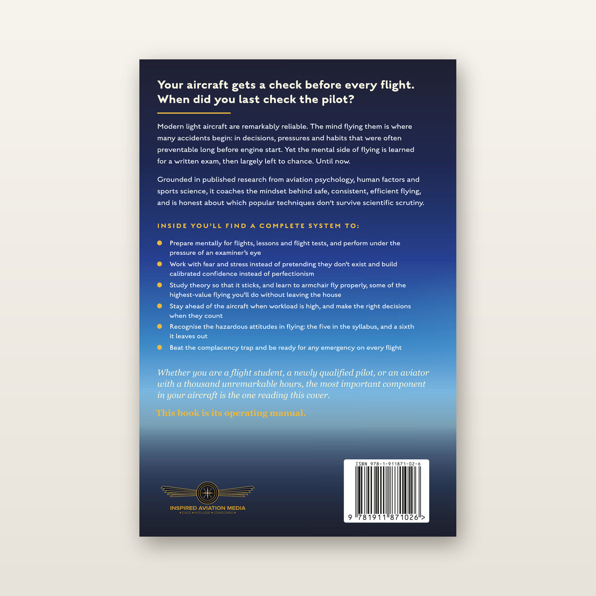 Back cover of The Pilot Mindset listing what the book teaches