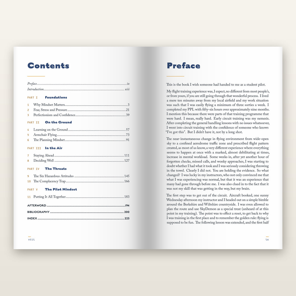 Contents page of The Pilot Mindset, eleven chapters in five parts