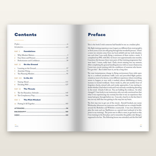 Contents page of The Pilot Mindset, eleven chapters in five parts